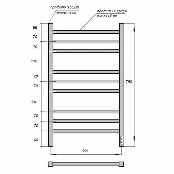 Полотенцесушитель электрический Point PN71858B П9 530х800 диммер справа черный  в оптовом каталоге ООО Фарфор, фото